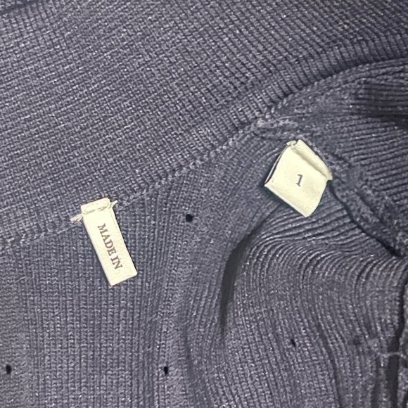 SANDRO Cropped Ribbed Pointelle Knit Cardigan Sweater Navy Blue Eyelet Gold HW 1 - Picture 10 of 12